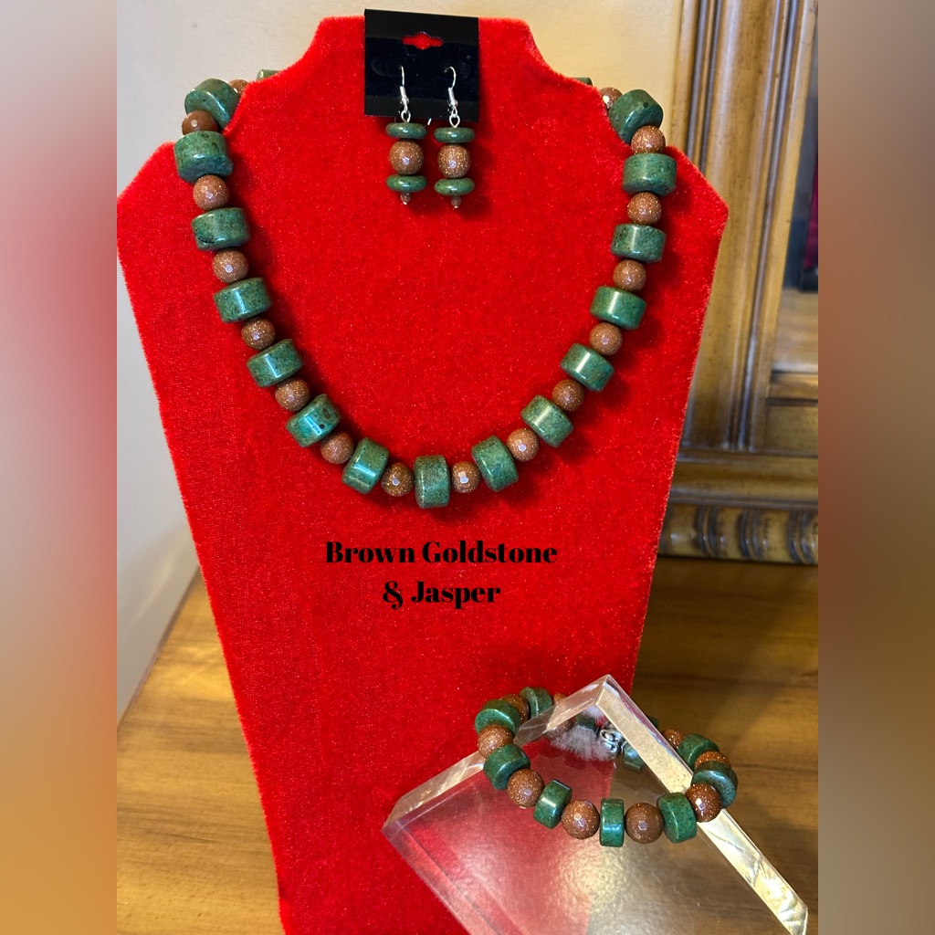 2pc Gemstone Necklace & Earrings Set Jasper & Goldstone.